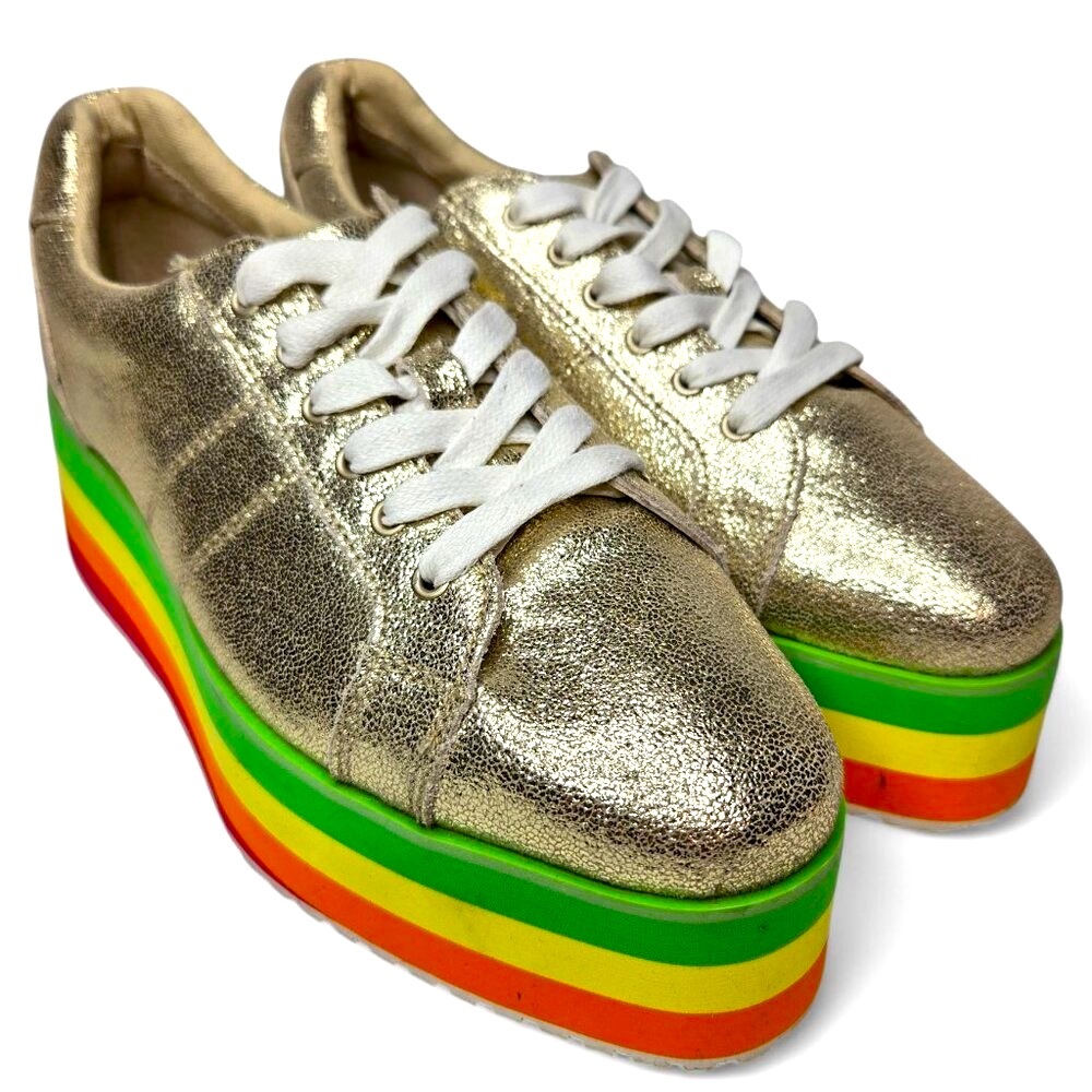 Very Volatile Jukebox Platform Shoes Women's Metallic Gold Rainbow Festival 7.5